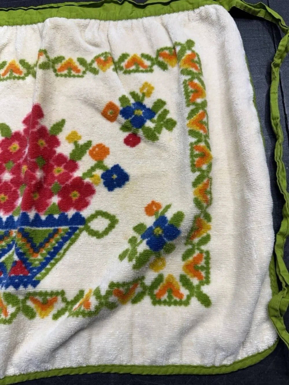 Vintage Terry Dish Cloth Towel Apron With Retro Flowers Orange Green Blue Red